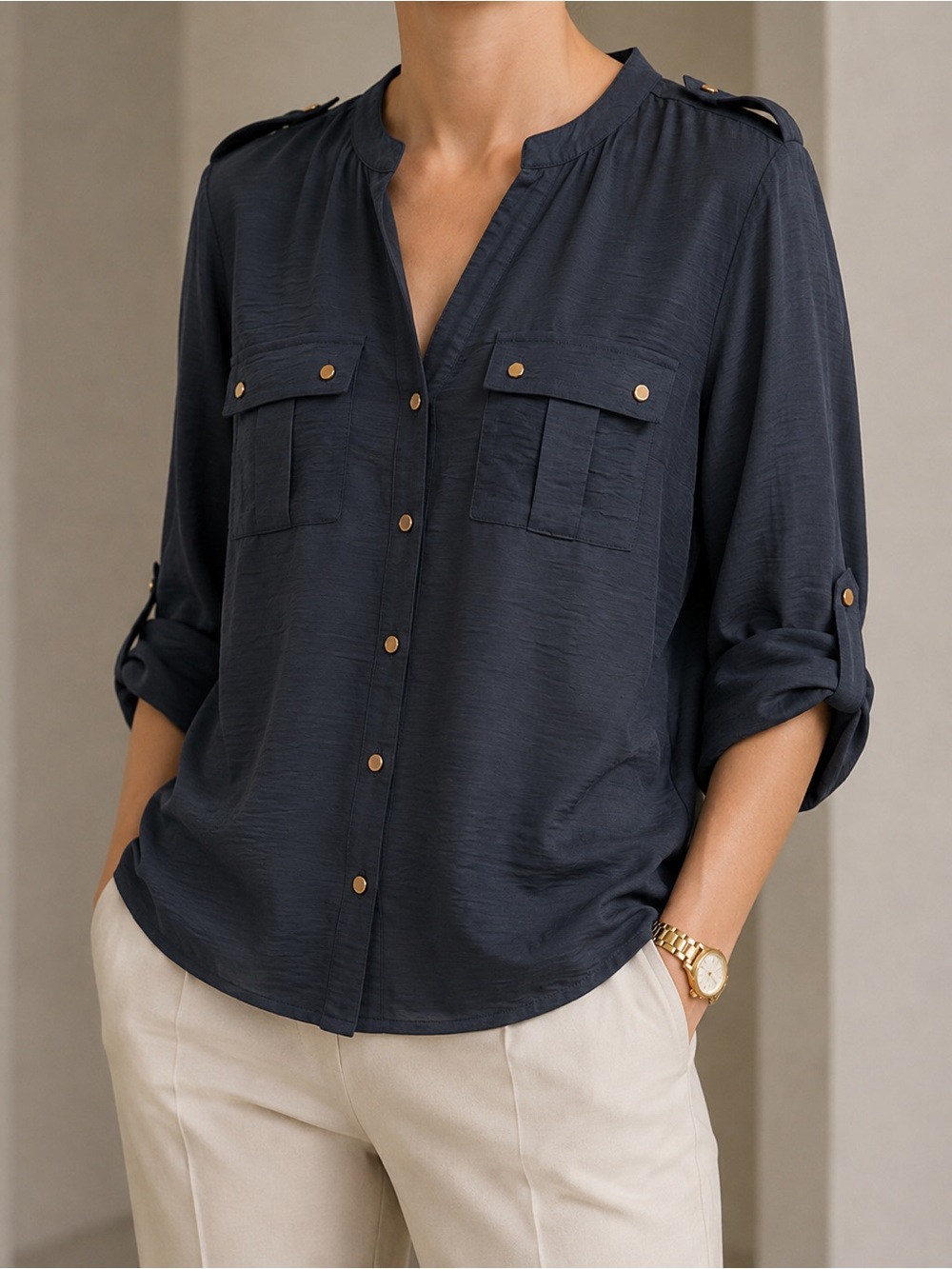 Ninety Navy Long Sleeve Button-Front Utility Blouse